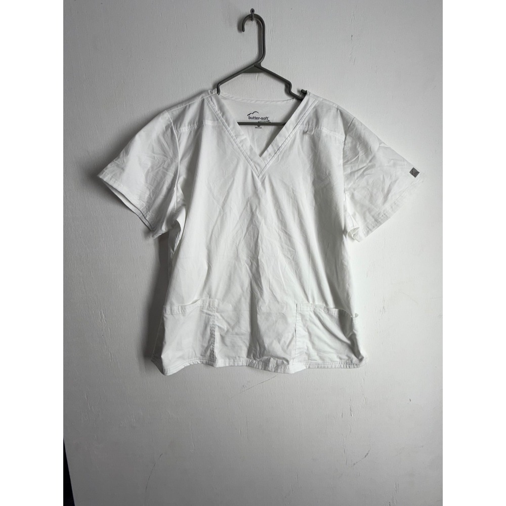 Butter-Soft Stretch Scrub Top XL White V-Neck Medical Nursing Uniform Pockets